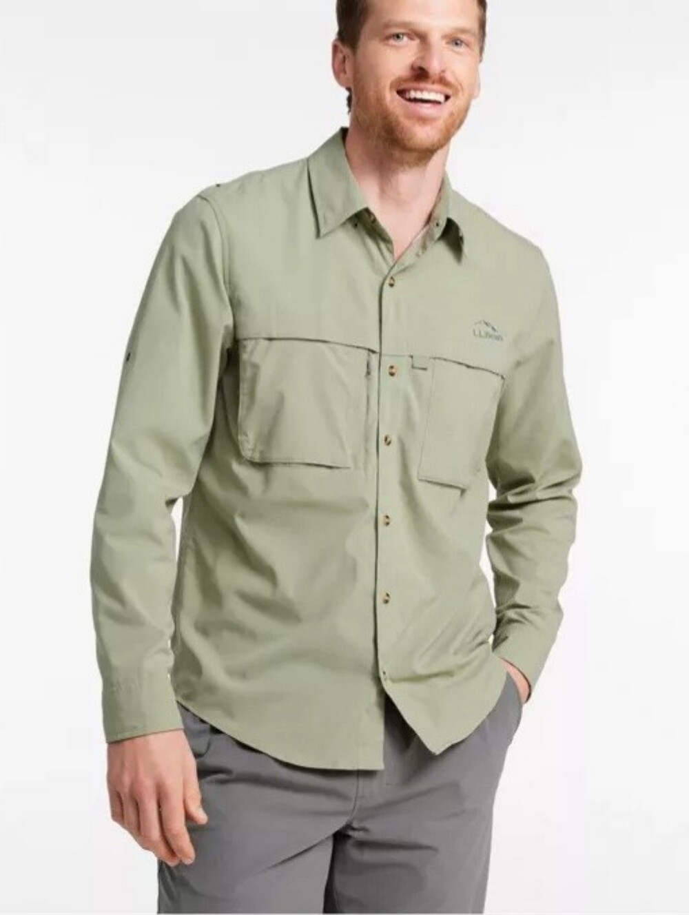 LL Bean Men's Tropicwear Shirt Long Sleeve Size L Dusty Green UPF 50+ Outdoors